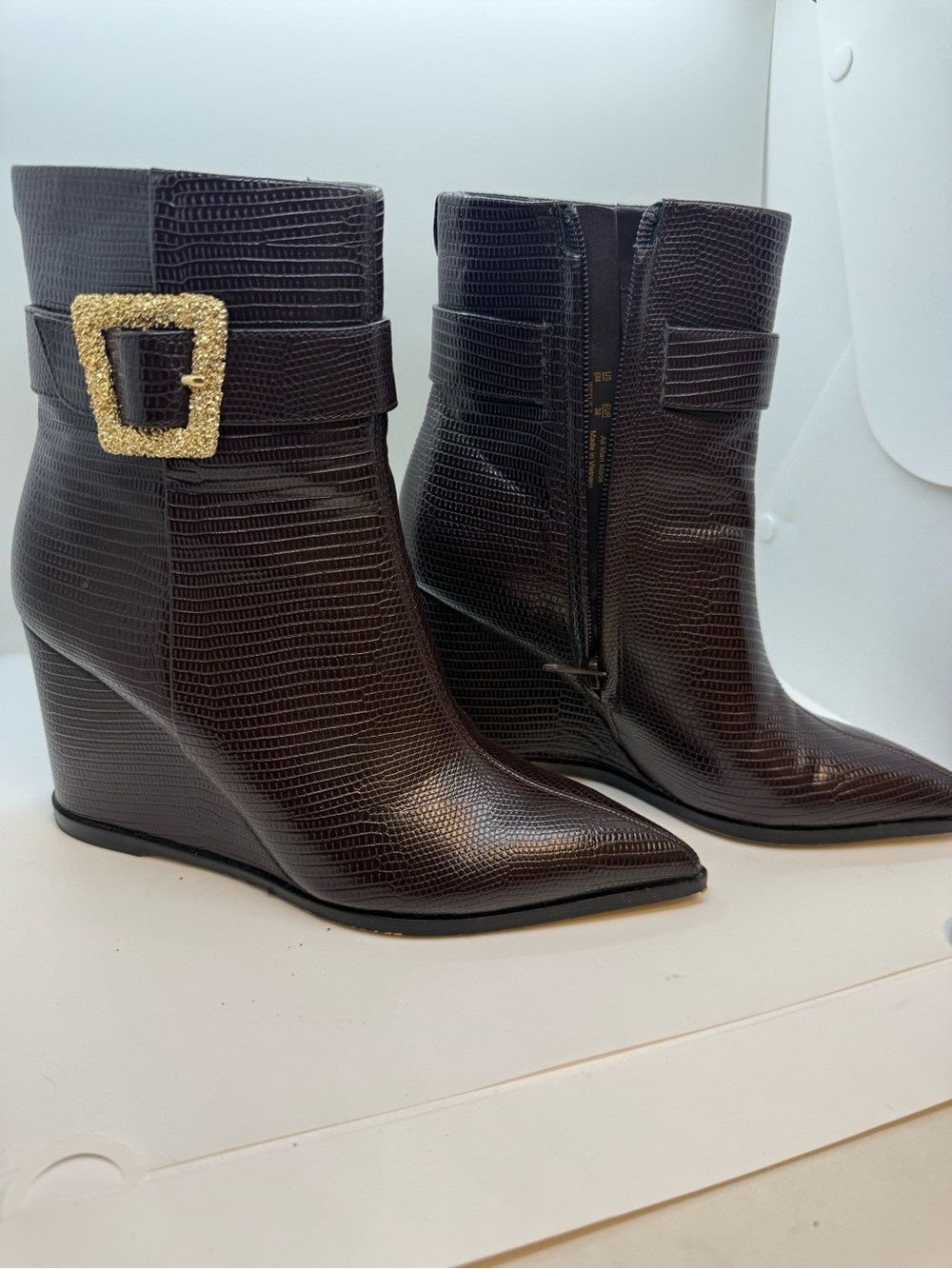 Sam Edelman Dark Brown Lizard-Embossed Wedge Ankle Boots with Gold Buckle